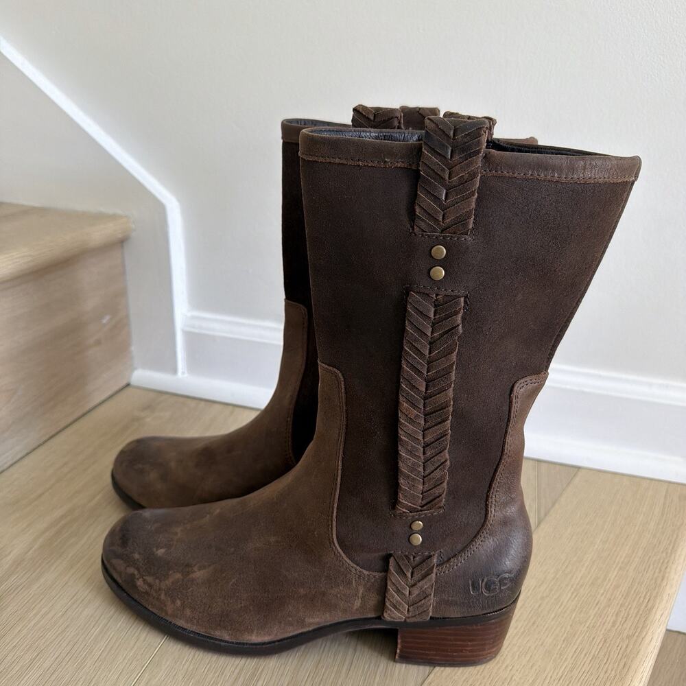 UGG Jaspan Mid-Calf Boots Oiled Suede & Leather Uppers Women’s Size 11 Brown